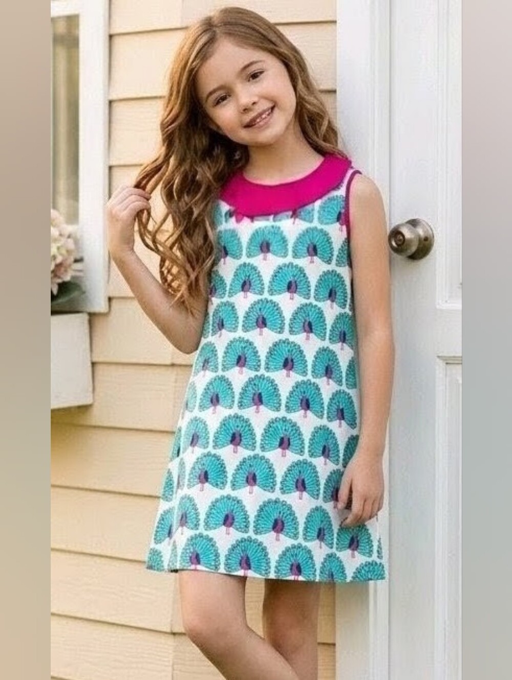 Girls Teal Peacock Print Dress with Pink Collar